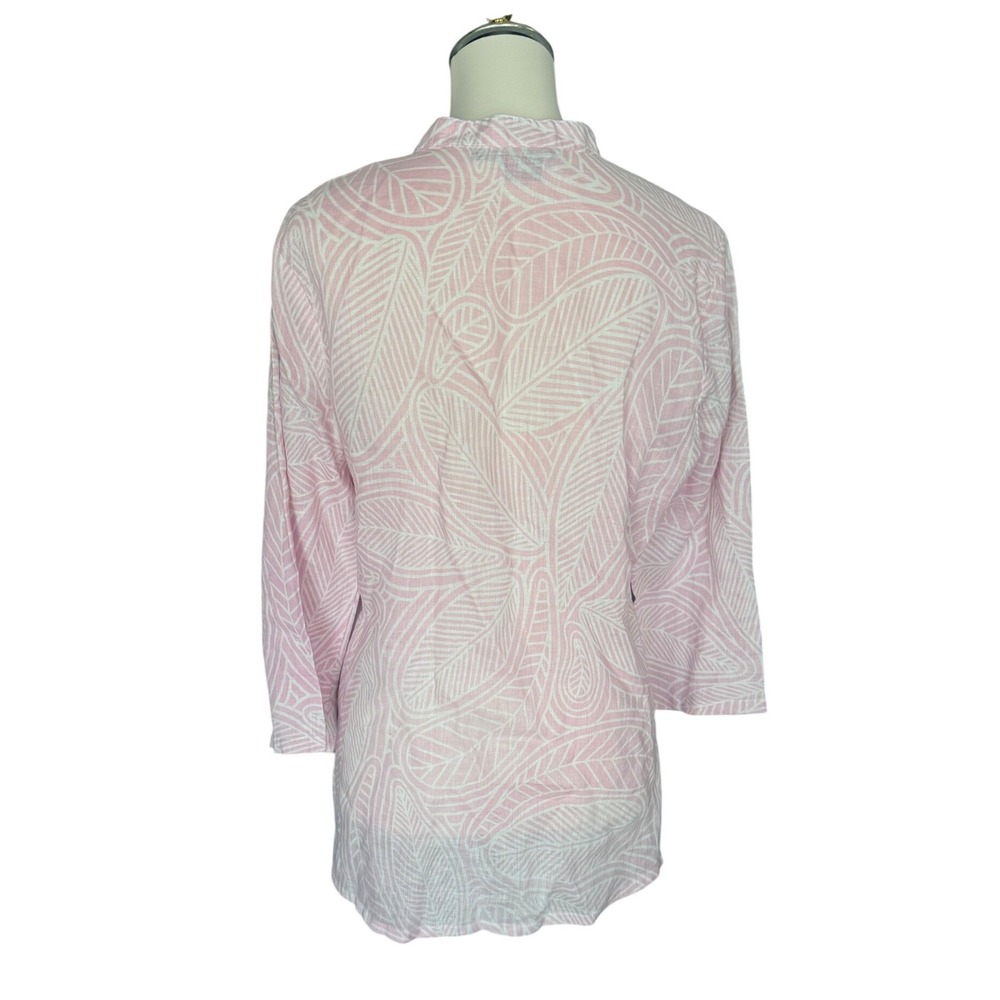Island Company Mandarin Beach Tunic Pink White Leaf Print 100%‎ Linen Womens M - Picture 5 of 11